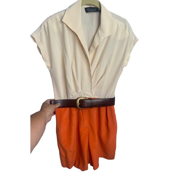 Gillian Pants - Gillian 100% Silk Romper Shorts Color Block Size 6 Belt Orange Yellow Vintage